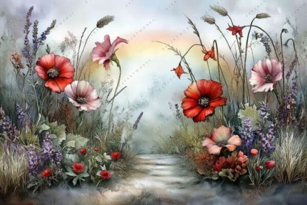 "Digital painting of wildflowers in soft red and pink hues, with a misty background."