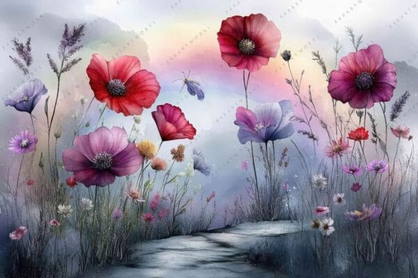 Digital art of vibrant flowers in a misty field with soft pastel hues.