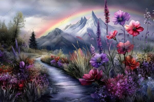 "Vibrant digital painting of wildflowers, distant mountains, and a rainbow-lit sky."
