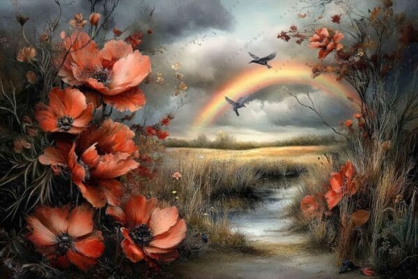 "Surreal digital painting of vibrant red poppies, rainbow, and birds in a moody landscape."