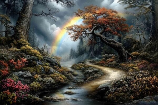 Whimsical digital painting of a forest with a rainbow over a winding stream.
