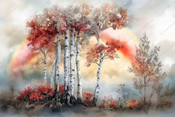 Watercolor painting of birch trees with autumn leaves against a misty background.