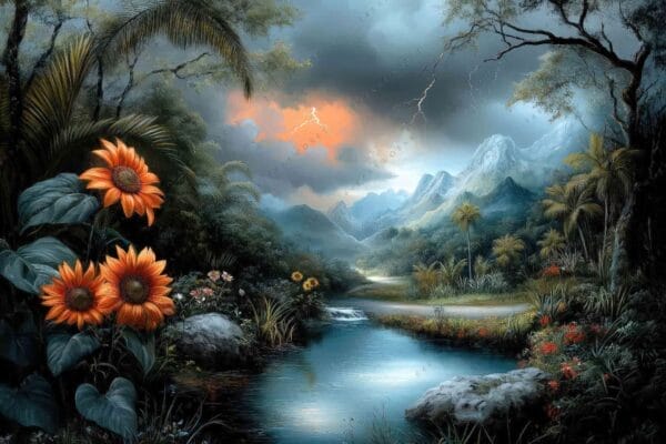"Digital painting of a lush landscape with sunflowers and a river under a stormy sky."