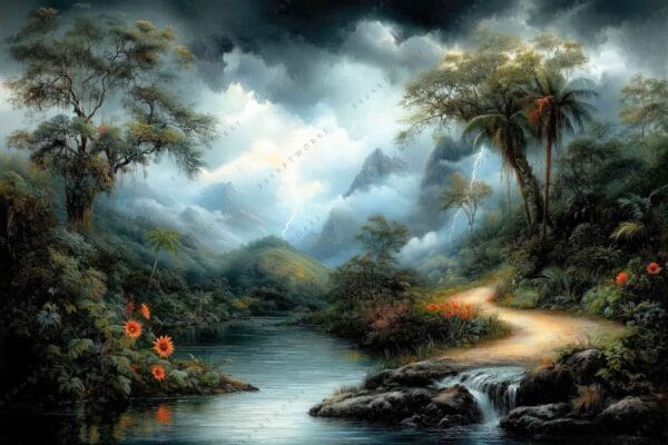 Landscape painting of a lush jungle path, mountains, and stormy sky with lightning.