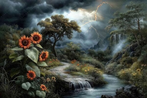 "Surreal digital painting of sunflowers in a stormy landscape with lightning and waterfalls."