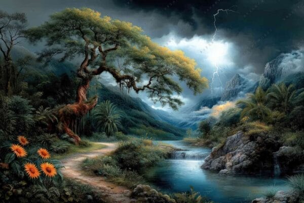 "Fantasy landscape painting with a stormy sky, lightning, and lush green foliage."