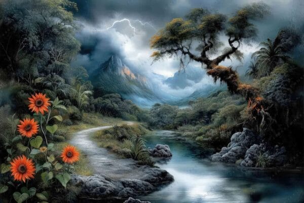 "Surreal landscape painting with a winding river, orange flowers, and stormy sky."