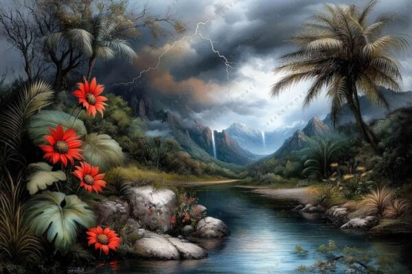 "Surreal digital painting of a stormy mountain landscape with red flowers and palm trees."
