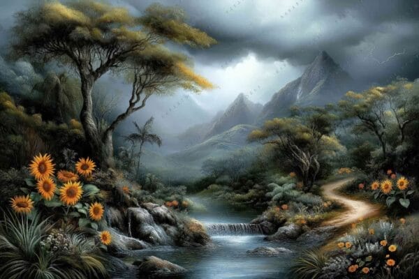 Landscape digital painting of sunflowers by a stream, with mountains under a cloudy sky.