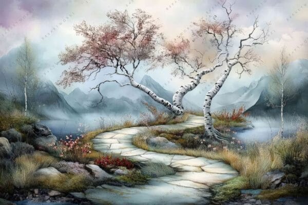 Painting of a winding path with birch trees and misty mountains in pastel hues.