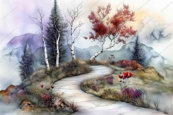 "Watercolor landscape painting with trees, flowers, and a winding path to misty mountains."