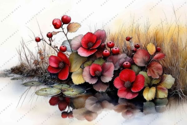 Illustration of vibrant red flowers with berries, surrounded by grasses, reflecting on water.
