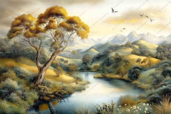 "Digital painting of a serene landscape with trees, river, and distant mountains in warm tones."