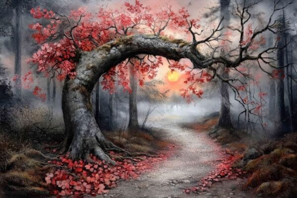 "Digital painting of a misty forest with arching tree and red autumn leaves."