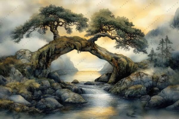 "Digital artwork of two intertwined trees over a serene river, with misty mountains."