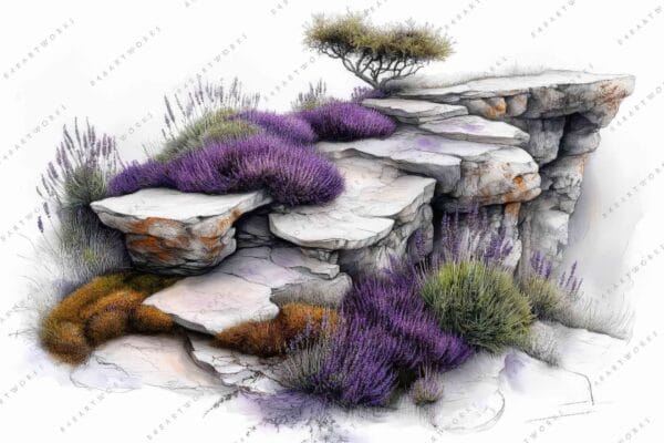 Digital painting of layered rock formations with vibrant purple and green foliage.