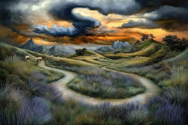 Surreal landscape painting with winding path, grassy hills, and ominous orange sky.