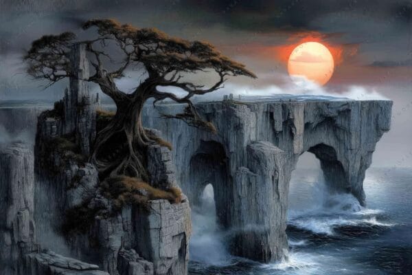 "Digital painting of a gnarled tree on cliffs, with a fiery sunset background."