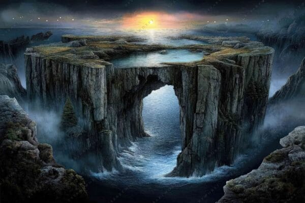 "Fantasy digital artwork of a circular island with cliffs and a central lagoon."