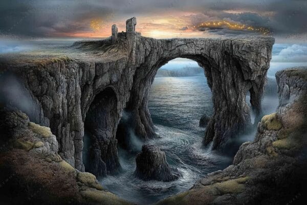 "Fantasy digital painting of a stone archway over turbulent ocean at sunset."