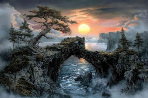 Digital painting of a rocky arch with pine trees at sunrise, misty seascape background.