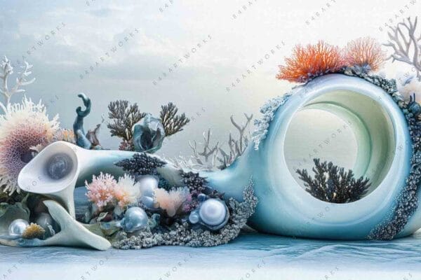 Surreal digital art of abstract ocean coral in blue and white hues.