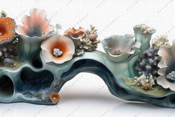 "Digital art of coral-like structures with floral patterns in earthy tones."
