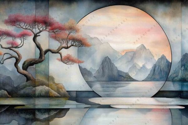 "Serene landscape painting with twisted tree, misty mountains, and reflection on water."