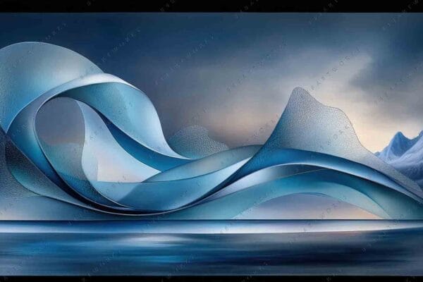 "Abstract digital artwork featuring swirling blue shapes against a mountainous, stormy background."