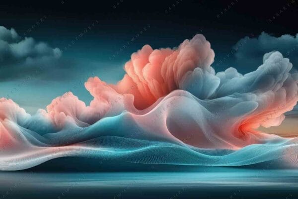 "Digital art with cloud-like forms in pink and blue against a dark sky."