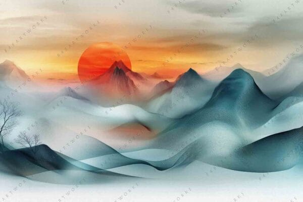 "Digital painting of misty mountains and red sun in blue and orange hues."