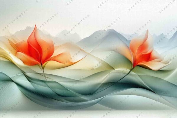 "Abstract digital art of red flowers with flowing lines in pastel hues."