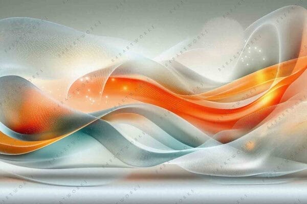 "Abstract digital art with flowing waves in orange, white, and teal hues."