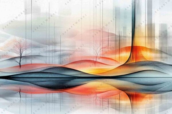 "Abstract digital art of a serene landscape with soft orange and blue gradients."