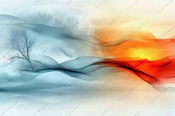"Abstract digital art of a tree in blue and orange flowing forms."