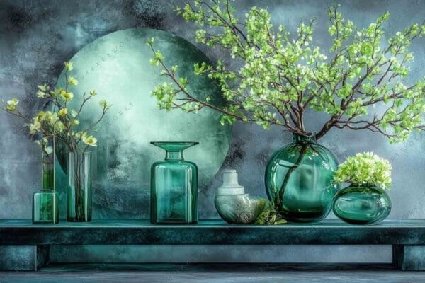 "Still life painting of green glass vases with branches against a textured blue background."