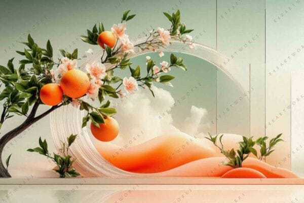 "Digital art of oranges and blossoms on branches with serene abstract backdrop."
