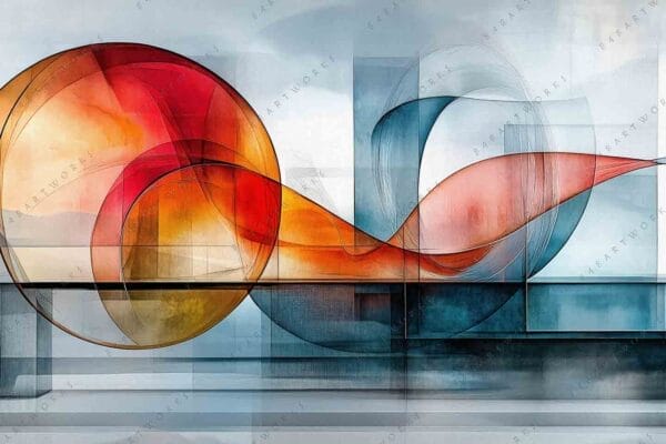 "Abstract digital painting with colorful curved lines in red, yellow, blue, and gray tones."