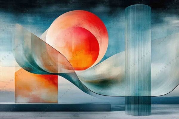 "Abstract digital art with geometric shapes in orange, teal, and white against textured background."