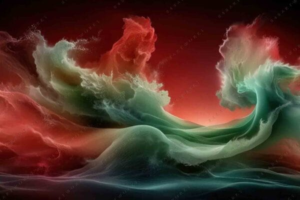 "Abstract digital art of swirling waves in red, green, and teal hues."