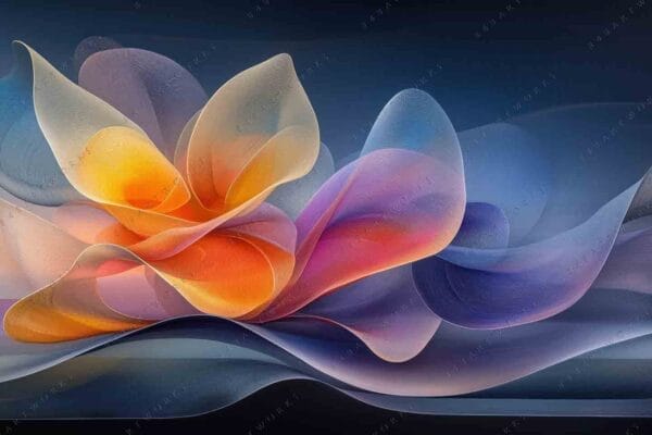 Abstract digital art of swirling, translucent shapes in orange, purple, and blue tones.