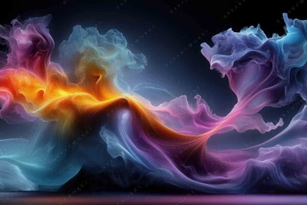 "Abstract digital art with vibrant swirling clouds in blue, purple, and orange tones."
