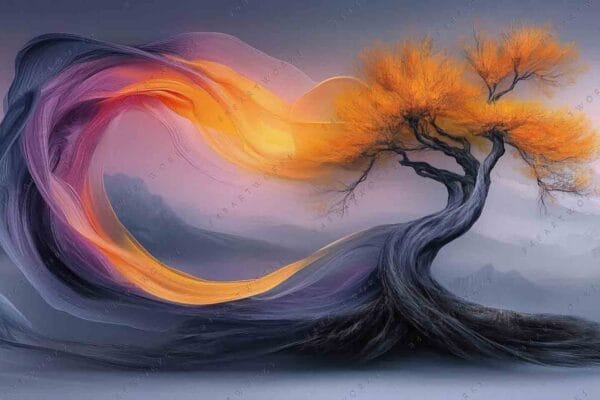 "Surreal digital painting of a twisted tree with vibrant orange foliage and swirling colors."