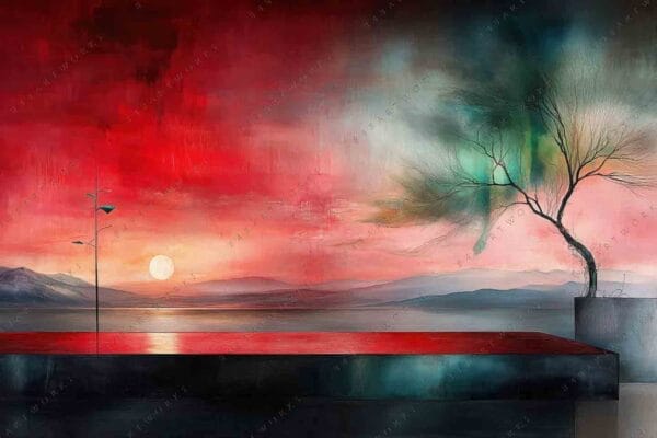 "Surreal digital painting of a red sunset landscape with a lone tree."