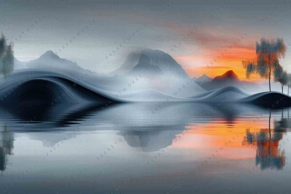 "Digital painting of misty mountains, trees, and a reflective lake at sunset."
