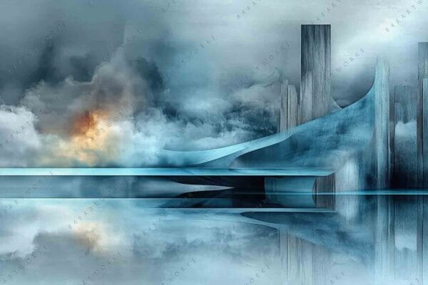 "Futuristic digital artwork with abstract structures in blue and gray, reflecting on water."