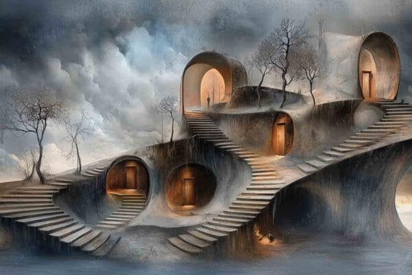 "Surreal digital painting of staircases and archways on a misty, tree-covered landscape."