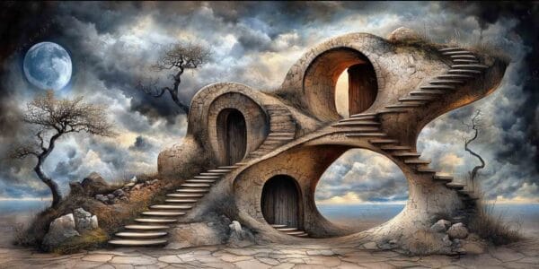 Surreal digital painting of stone staircases under a cloudy sky with a full moon.
