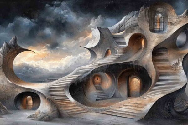 Surreal digital painting of a winding staircase with arches against a stormy sky.