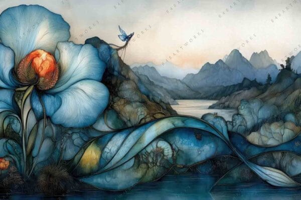 "Fantasy digital painting of a blue flower and dragonfly against mountainous landscape in teal hues."